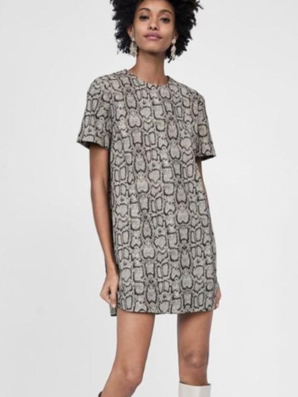 Zara Woman Snakeskin Textured Shift Dress Brown Black Size Small